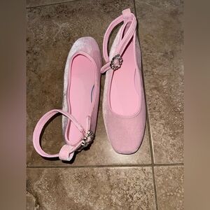 Pink Ballet Flats (Velvety) w/Rhinestone Details Around The Ankle Strap, NWOT